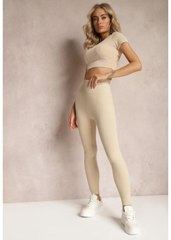 Beżowe Legginsy Prążkowane z Efektem Push-Up High Waist Firale ze sklepu Renee odzież w kategorii Spodnie damskie - zdjęcie 168815281