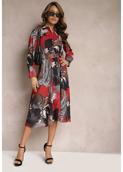 Bordowo-Szara Rozkloszowana Sukienka Midi z Paskiem z Klamrą Qirvina ze sklepu Renee odzież w kategorii Sukienki - zdjęcie 168815331