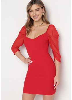 Czerwona Bawełniana Dopasowana Sukienka Mini z Przeźroczystymi Rękawami 3/4 Ferdiana ze sklepu Born2be Odzież w kategorii Sukienki - zdjęcie 168816190