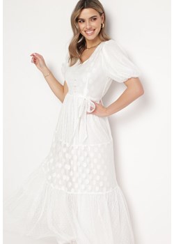 Biała Tiulowa Sukienka Maxi z Paskiem Falbankami i Bufiastymi Rękawami Zelari ze sklepu Born2be Odzież w kategorii Sukienki - zdjęcie 168842190