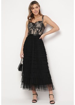 Czarna Sukienka Maxi na Ramiączkach z Gorsetową Górą i Tiulowymi Falbanami Encartia ze sklepu Born2be Odzież w kategorii Sukienki - zdjęcie 168842211