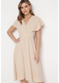 Beżowa Sukienka Rozkloszowana Midi z Kopertowym Dekoltem Mirenal ze sklepu Born2be Odzież w kategorii Sukienki - zdjęcie 168842334