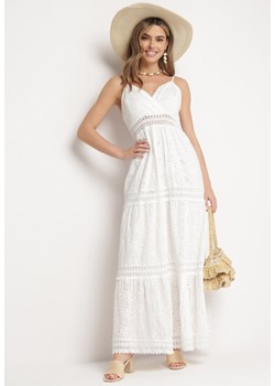 Biała Bawełniana Sukienka Maxi z Ażurową Talią Kopertowym Dekoltem i Haftem Mervilla ze sklepu Born2be Odzież w kategorii Sukienki - zdjęcie 168842492