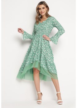 Zielona Asymetryczna Sukienka Midi Rozkloszowana z Siateczką Tivora ze sklepu Born2be Odzież w kategorii Sukienki - zdjęcie 168842593