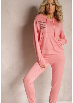 Różowy Bawełniany Komplet Dresowy Bluza z Kapturem i Napisem oraz Spodnie Tilesa ze sklepu Renee odzież w kategorii Dresy damskie - zdjęcie 168846561