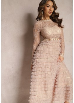 Beżowa Koronkowa Sukienka Maxi o Rozkloszowanym Kroju z Tiulowymi Falbankami Sivina ze sklepu Renee odzież w kategorii Sukienki - zdjęcie 168846731