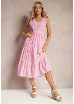 Różowa Rozkloszowana Sukienka Midi z Bawełny Ozdobiona Haftem z Troczkiem w Pasie Tuvina ze sklepu Renee odzież w kategorii Sukienki - zdjęcie 168846874