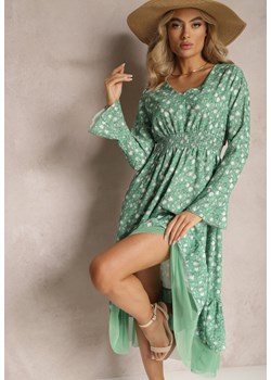 Zielona Rozkloszowana Sukienka Midi z Siateczką o Asymetrycznym Kroju Fovita ze sklepu Renee odzież w kategorii Sukienki - zdjęcie 168846984