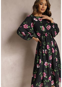 Czarno-Różowa Midi Sukienka w Kwiaty o Rozkloszowanym Kroju z Rękawami Nietoperz Jervia ze sklepu Renee odzież w kategorii Sukienki - zdjęcie 168846994