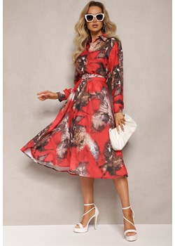 Czerwono-Brązowa Rozkloszowana Sukienka Midi z Paskiem z Klamrą Qirvina ze sklepu Renee odzież w kategorii Sukienki - zdjęcie 168847004