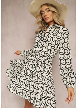 Beżowo-Czarna Koszulowa Sukienka z Bawełny z Geometrycznym Wzorem Vearil ze sklepu Renee odzież w kategorii Sukienki - zdjęcie 168847034
