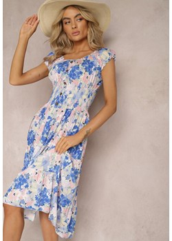 Niebiesko-Biała Sukienka Midi z Krótkim Rękawem z Wiskozy w Kwiaty Emena ze sklepu Renee odzież w kategorii Sukienki - zdjęcie 168847082