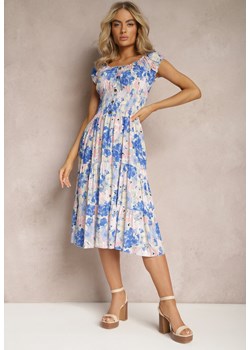 Niebiesko-Biała Sukienka Midi z Krótkim Rękawem z Wiskozy w Kwiaty Emena ze sklepu Renee odzież w kategorii Sukienki - zdjęcie 168847084
