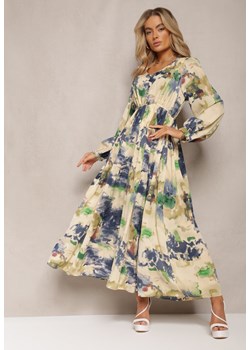 Beżowo-Granatowa Rozkloszowana Sukienka Maxi w Abstrakcyjny Wzór z Guzikami Tiritta ze sklepu Renee odzież w kategorii Sukienki - zdjęcie 168930712
