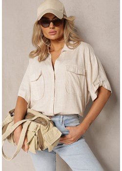 Beżowa Luźna Koszula z Bawełny i Lnu z Kieszeniami Cotella ze sklepu Renee odzież w kategorii Koszule damskie - zdjęcie 168932912