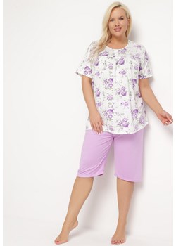 Fioletowy Komplet Piżamowy w Kwiaty Koszulka z Krótkim Rękawem i Spodnie Lużne 3/4 Lareni ze sklepu Born2be Odzież w kategorii Piżamy damskie - zdjęcie 168935330