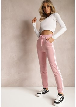 Różowe Dresowe Spodnie High Waist z Gumką w Pasie i Sznurkiem Zdobione Lampasami Sheria ze sklepu Renee odzież w kategorii Spodnie damskie - zdjęcie 168935692
