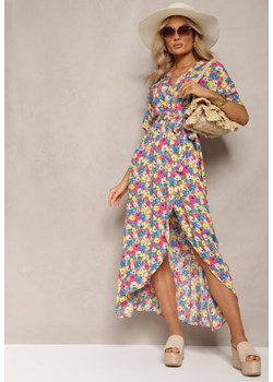 Niebiesko-Żółta  Wiskozowa Sukienka Midi ze Wzorem w Kwiaty i Paskiem Dewira ze sklepu Renee odzież w kategorii Sukienki - zdjęcie 168935742
