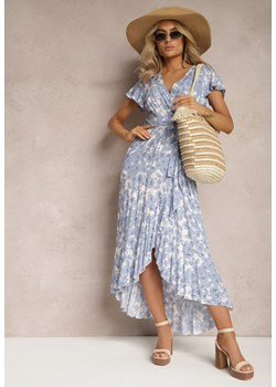 Niebiesko-Biała Wiskozowa Sukienka Maxi o Kopertowym Fasonie w Kwiaty Hazea ze sklepu Renee odzież w kategorii Sukienki - zdjęcie 168935754