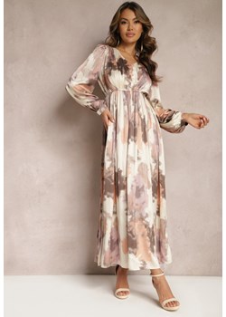 Beżowa Taliowana Sukienka Maxi z Satyny we Wzór Tie-Dye Glineti ze sklepu Renee odzież w kategorii Sukienki - zdjęcie 168939613