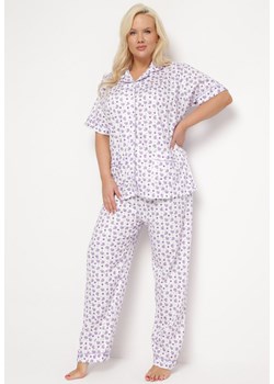 Fioletowo-Biały Bawełniany Komplet Piżamowy Koszula z Guzikami i Spodnie Lirvena ze sklepu Born2be Odzież w kategorii Piżamy damskie - zdjęcie 168939823