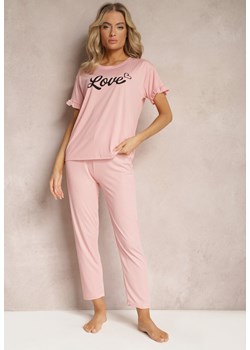 Różowy 2-Częściowy Komplet Piżamowy Koszulka z Napisem i Proste Spodnie Niela ze sklepu Renee odzież w kategorii Piżamy damskie - zdjęcie 168988292
