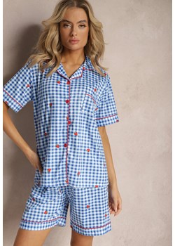 Niebiesko-Biały Komplet Piżamowy Koszula na Guziki i Szorty o Luźnym Fasonie w Kratę Anseli ze sklepu Renee odzież w kategorii Piżamy damskie - zdjęcie 168988310