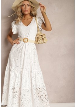 Biała Rozkloszowana Sukienka Bawełniana Maxi z Ażurowym Haftem i Falbankami Reflecia ze sklepu Renee odzież w kategorii Sukienki - zdjęcie 168988340