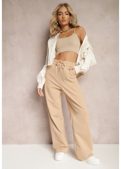 Beżowe Szerokie Spodnie Dresowe z Elastycznej Bawełny Niarti ze sklepu Renee odzież w kategorii Spodnie damskie - zdjęcie 168988411