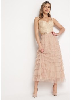 Beżowa Sukienka Maxi na Ramiączkach z Gorsetową Górą i Tiulowymi Falbanami Encartia ze sklepu Born2be Odzież w kategorii Sukienki - zdjęcie 168988532