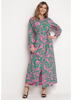 Zielono-Różowa Koszulowa Sukienka Maxi z Materiałowym Paskiem w Abstrakcyjne Wzory Terins ze sklepu Born2be Odzież w kategorii Sukienki - zdjęcie 168988702