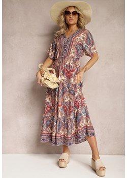 Beżowo-Bordowa Wiskozowa Sukienka Maxi z Gumką w Pasie Ozdobiona Wzorem Paisley Larite ze sklepu Renee odzież w kategorii Sukienki - zdjęcie 169101852