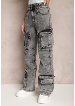 Ciemnoszare Szerokie Jeansy High Waist z Kieszeniami w Stylu Cargo Triglavia ze sklepu Renee odzież w kategorii Spodnie damskie - zdjęcie 169101920