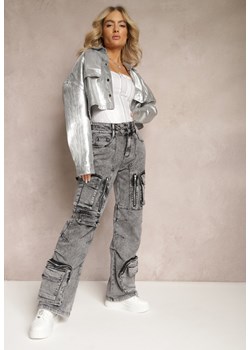 Ciemnoszare Szerokie Jeansy High Waist z Kieszeniami w Stylu Cargo Triglavia ze sklepu Renee odzież w kategorii Spodnie damskie - zdjęcie 169101922