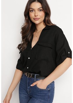 Czarna Bawełniana Koszula z Lnem o Luźnym Kroju z Kieszeniami Fibera ze sklepu Born2be Odzież w kategorii Koszule damskie - zdjęcie 169102203