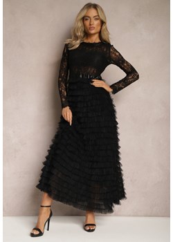 Czarna Koronkowa Sukienka Maxi o Rozkloszowanym Kroju z Tiulowymi Falbankami Sivina ze sklepu Renee odzież w kategorii Sukienki - zdjęcie 169147103