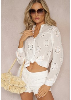 Biała Bawełniana Koszula Ozdobiona Cyrkoniami i Ażurowym Wzorem Elnamitta ze sklepu Renee odzież w kategorii Koszule damskie - zdjęcie 169147123