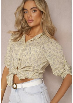 Jasnożółta Koszula z Bawełny Ozdobiona Wzorem w Kwiaty Vilnas ze sklepu Renee odzież w kategorii Koszule damskie - zdjęcie 169147193