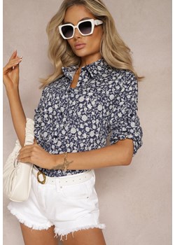 Granatowa Klasyczna Koszula w Kwiaty z Asymetrycznym Tyłem Tilenise ze sklepu Renee odzież w kategorii Koszule damskie - zdjęcie 169147203