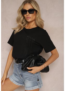 Czarny T-shirt z Elastycznej Bawełny z Koralikami i Frędzlami Naleissa ze sklepu Renee odzież w kategorii Bluzki damskie - zdjęcie 169147363
