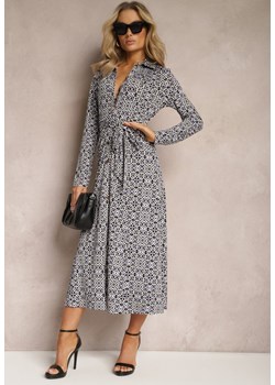 Biało-Fioletowa Sukienka Maxi o Taliowanym Kroju z Paskiem w Geometryczny Wzór Perani ze sklepu Renee odzież w kategorii Sukienki - zdjęcie 169199680