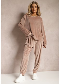 Jasnobeżowy Welurowy Komplet Dresowy z Oversizową Bluzą i Spodniami Anitri ze sklepu Renee odzież w kategorii Dresy damskie - zdjęcie 169199824