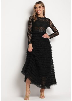 Czarna Maxi Sukienka Rozkloszowana z Koronkową Górą i Tiulowymi Falbankami Firina ze sklepu Born2be Odzież w kategorii Sukienki - zdjęcie 169199884