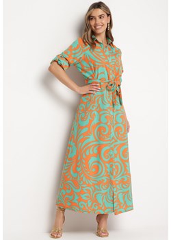 Zielono-Pomarańczowa Koszulowa Sukienka Maxi z Materiałowym Paskiem w Abstrakcyjne Wzory Terins ze sklepu Born2be Odzież w kategorii Sukienki - zdjęcie 169200041