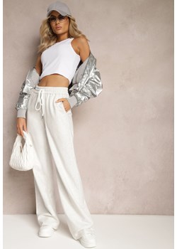 Jasnoszare Szerokie Spodnie Dresowe z Elastycznej Bawełny Niarti ze sklepu Renee odzież w kategorii Spodnie damskie - zdjęcie 169206644