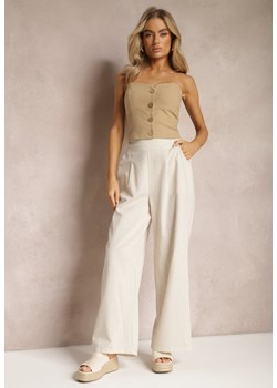 Beżowe Szerokie Spodnie z Lnem z Gumką w Talii Airelttis ze sklepu Renee odzież w kategorii Spodnie damskie - zdjęcie 169206774