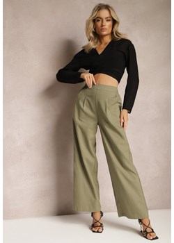 Zielone Szerokie Spodnie z Lnem z Gumką w Talii Airelttis ze sklepu Renee odzież w kategorii Spodnie damskie - zdjęcie 169206780
