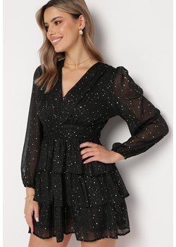 Czarna Mini Sukienka Rozkloszowana z Metalicznym Nadrukiem i Falbankami Elawnia ze sklepu Born2be Odzież w kategorii Sukienki - zdjęcie 169244554