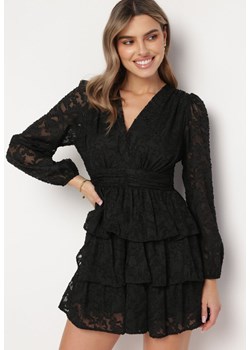 Czarna Rozkloszowana Sukienka Mini z Marszczeniami i Falbankami Lanevin ze sklepu Born2be Odzież w kategorii Sukienki - zdjęcie 169244561