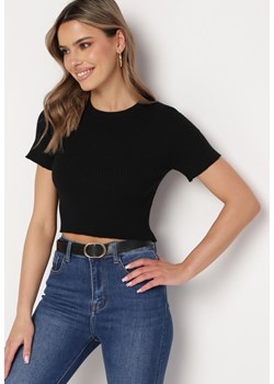 Czarny Krótki T-shirt z Prążkowanej Dzianiny Clutia ze sklepu Born2be Odzież w kategorii Bluzki damskie - zdjęcie 169244571